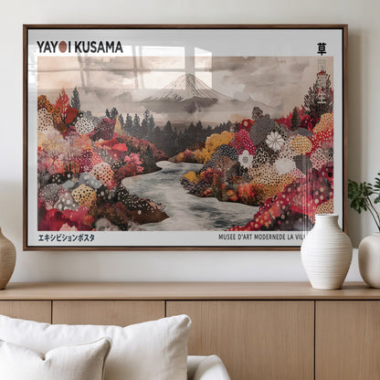32352074-MGV-FP-36X24-3P_Walnut-Japanese Landscape Wall Art – Mount Fuji River Canvas Print, Modern Asian Inspired Nature Decor for Living Room, Bedroom, Office