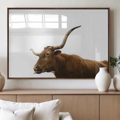 62566114-MGV-FP-60X30-3P_Walnut-Longhorn Cow Art Wall Art Canvas Print, Framed Rustic Animal Decor Art Picture Print, Texas Bull Photo Perfect Rustic Farmhouse