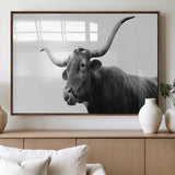 99244177-MGV-FP-36X24-3P_Walnut-Longhorn Photography Wall Art Canvas Print, Framed Western Cow Decor Art Picture Print, Black White Bull Perfect Modern Rustic