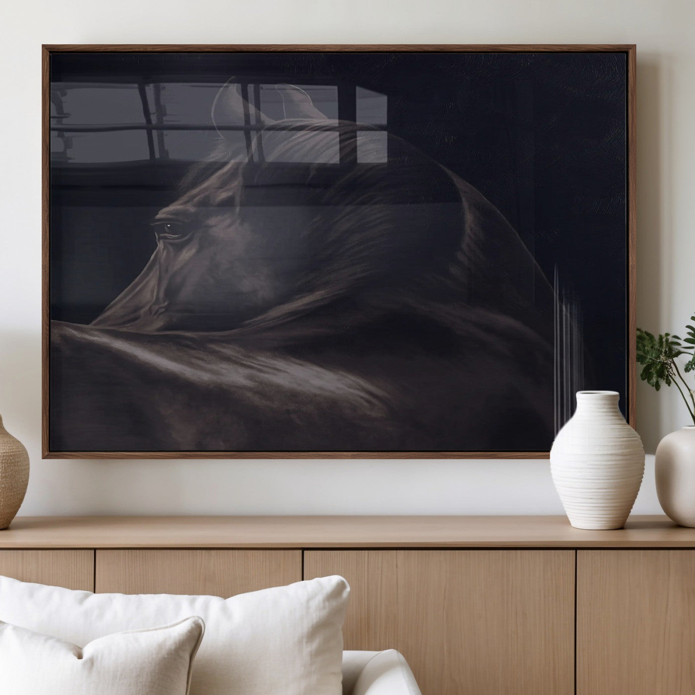 67026880-MGV-FP-60X30-3P_Walnut-Black Horse Portrait Wall Art Canvas Print, Framed Moody Horse Decor Art Picture Print, Equestrian Wall Style Perfect Masculine