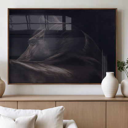 67026880-MGV-FP-60X30-3P_Walnut-Black Horse Portrait Wall Art Canvas Print, Framed Moody Horse Decor Art Picture Print, Equestrian Wall Style Perfect Masculine