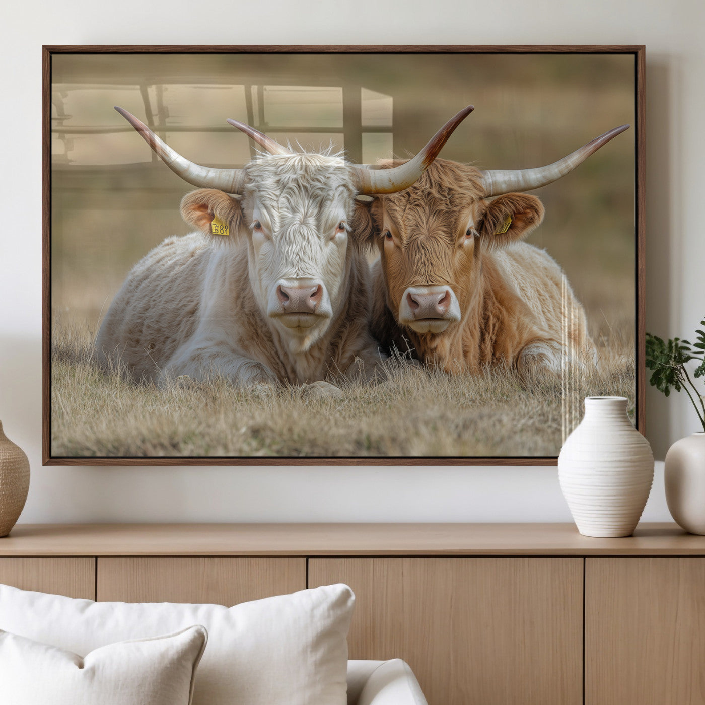 53388593-MGV-FP-60X30-3P_Walnut-Cow Photography Wall Art Canvas Print, Framed Rustic Animal Decor Art Picture Print, Texas Cow Pair Perfect Western Farmhouse