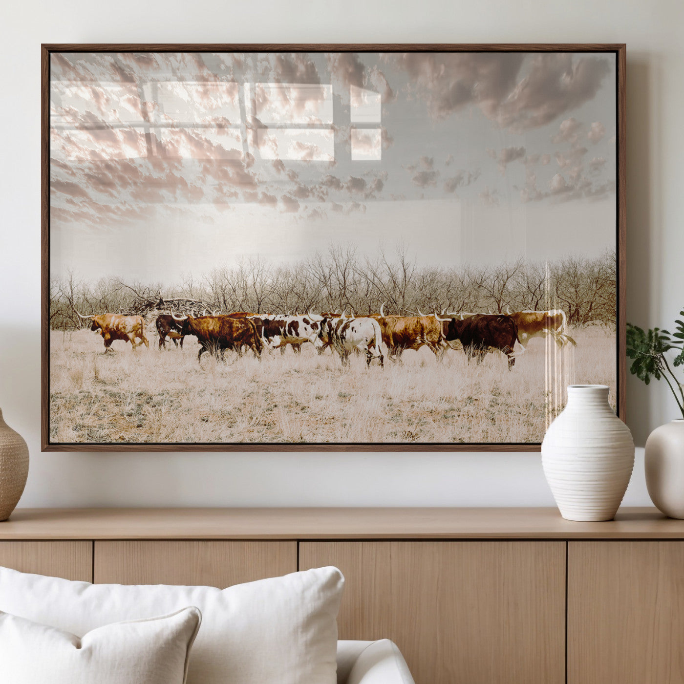57389417-MGV-FP-36X24-3P_Walnut-Cow Herd Photography Wall Art Canvas Print, Framed Rustic Farmhouse Decor Art Picture Print, Western Ranch Style Perfect Rustic