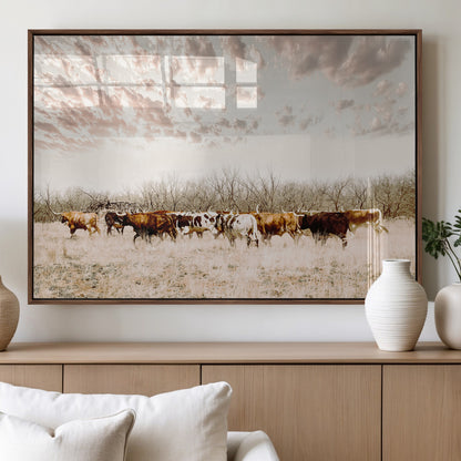 57389417-MGV-FP-36X24-3P_Walnut-Cow Herd Photography Wall Art Canvas Print, Framed Rustic Farmhouse Decor Art Picture Print, Western Ranch Style Perfect Rustic
