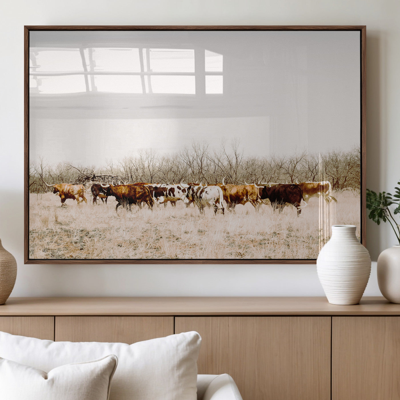 12454132-MGV-FP-36X24-3P_Walnut-Cow Herd Photography Wall Art Canvas Print, Framed Rustic Farmhouse Decor Art Picture Print, Western Ranch Style Perfect Rustic