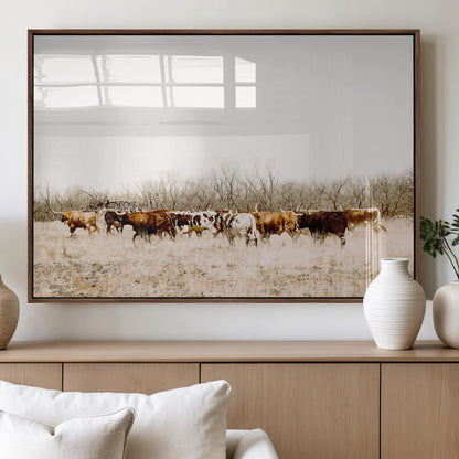 12454132-MGV-FP-36X24-3P_Walnut-Cow Herd Photography Wall Art Canvas Print, Framed Rustic Farmhouse Decor Art Picture Print, Western Ranch Style Perfect Rustic