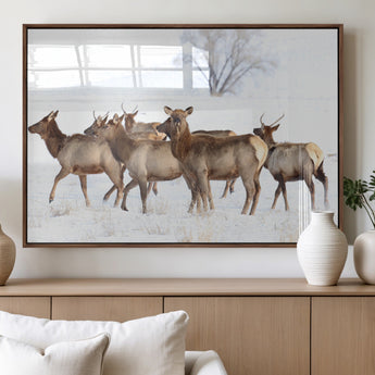68738684-MGV-FP-60X30-3P_Walnut-Winter Elk Scene Wall Art Canvas Print, Framed Wildlife Photography Art Picture Print, Snowy Deer Decor Perfect Rustic Lodge Decor