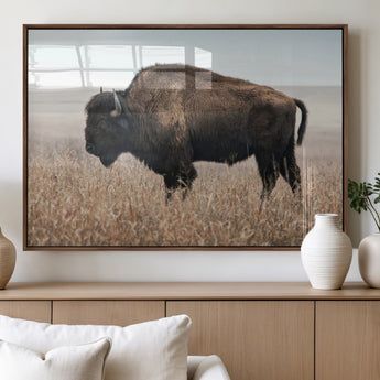 34451925-MGV-FP-60X30-3P_Walnut-Rustic Bison Decor Wall Art Canvas Print, Framed Buffalo Home Accent Art Picture Print, Prairie Wildlife Scene Perfect Western