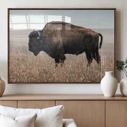 34451925-MGV-FP-60X30-3P_Walnut-Rustic Bison Decor Wall Art Canvas Print, Framed Buffalo Home Accent Art Picture Print, Prairie Wildlife Scene Perfect Western