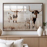 39672786-MGV-FP-60X30-3P_Walnut-Rustic Cow Scene Wall Art Canvas Print, Framed Farmhouse Style Cattle Art Picture Print, Prairie Animal Duo Perfect Rustic Western