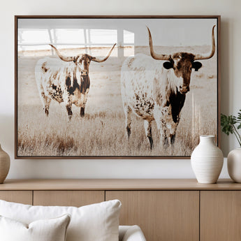 39672786-MGV-FP-60X30-3P_Walnut-Rustic Cow Scene Wall Art Canvas Print, Framed Farmhouse Style Cattle Art Picture Print, Prairie Animal Duo Perfect Rustic Western