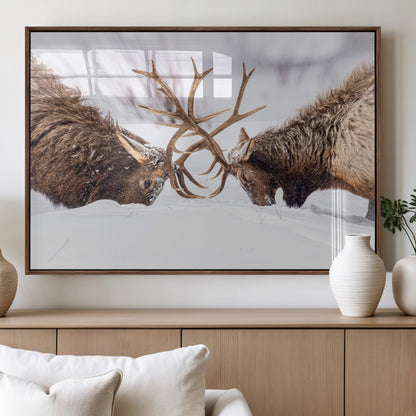 36507609-MGV-FP-60X30-3P_Walnut-Elk Clash Scene Wall Art Canvas Print, Framed Wildlife Strength Decor Art Picture Print, Snowy Forest Elk Perfect Rustic Lodge