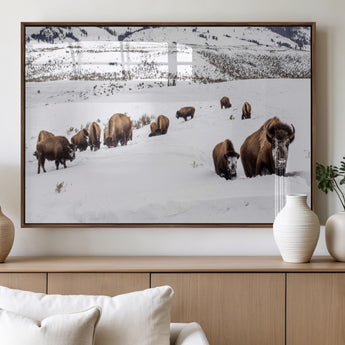 13891210-MGV-FP-60X30-3P_Walnut-Bison Herd Scene Wall Art Canvas Print, Framed Western Wildlife Decor Art Picture Print, Snowy Mountain Valley Perfect Rustic