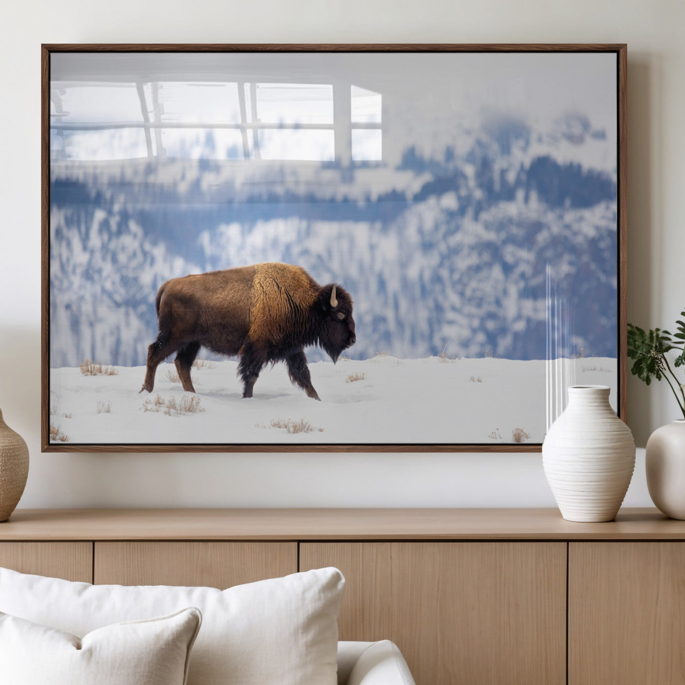 58512275-MGV-FP-36X24-3P_Walnut-Cowboy Aesthetic Wall Art Canvas Print, Framed Neutral Animal Theme Art Picture Print, Bison Ranch Style Perfect Rustic Western