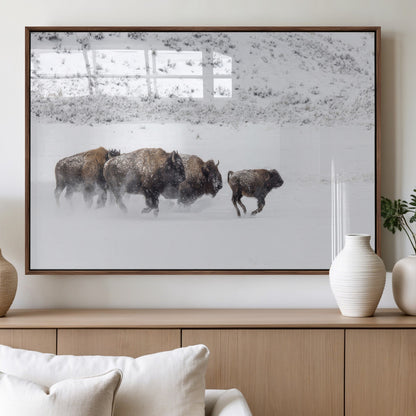 56216945-MGV-FP-60X30-3P_Walnut-Bison Herd Decor Wall Art Canvas Print, Framed Snowy Bison Scene Art Picture Print, Winter Wildlife Theme Perfect Rustic Western