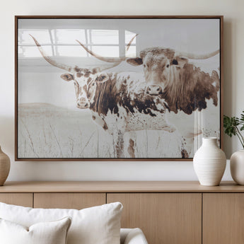 48161868-MGV-FP-36X24-3P_Walnut-Longhorn Cow Decor Wall Art Canvas Print, Framed Rustic Cattle Art Picture Print, Sepia Western Vibe Perfect Neutral Rustic