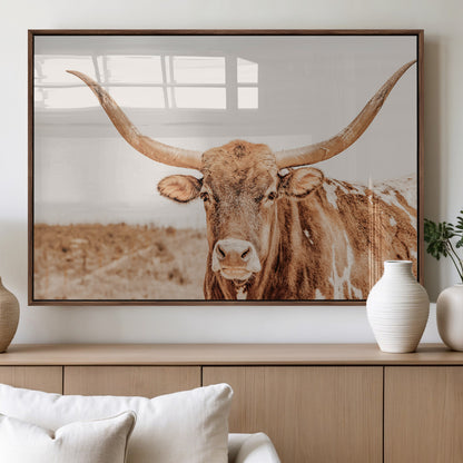 74406977-MGV-FP-36X24-3P_Walnut-Longhorn Bull Decor Wall Art Canvas Print, Framed Western Cow Theme Art Picture Print, Rustic Farmhouse Wall Perfect Neutral