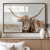 98924580-MGV-FP-36X24-3P_Walnut-Texas Longhorn Bull Wall Art Canvas Print, Framed Rustic Farmhouse Decor Art Picture Print, Western Animal Theme Perfect Rustic