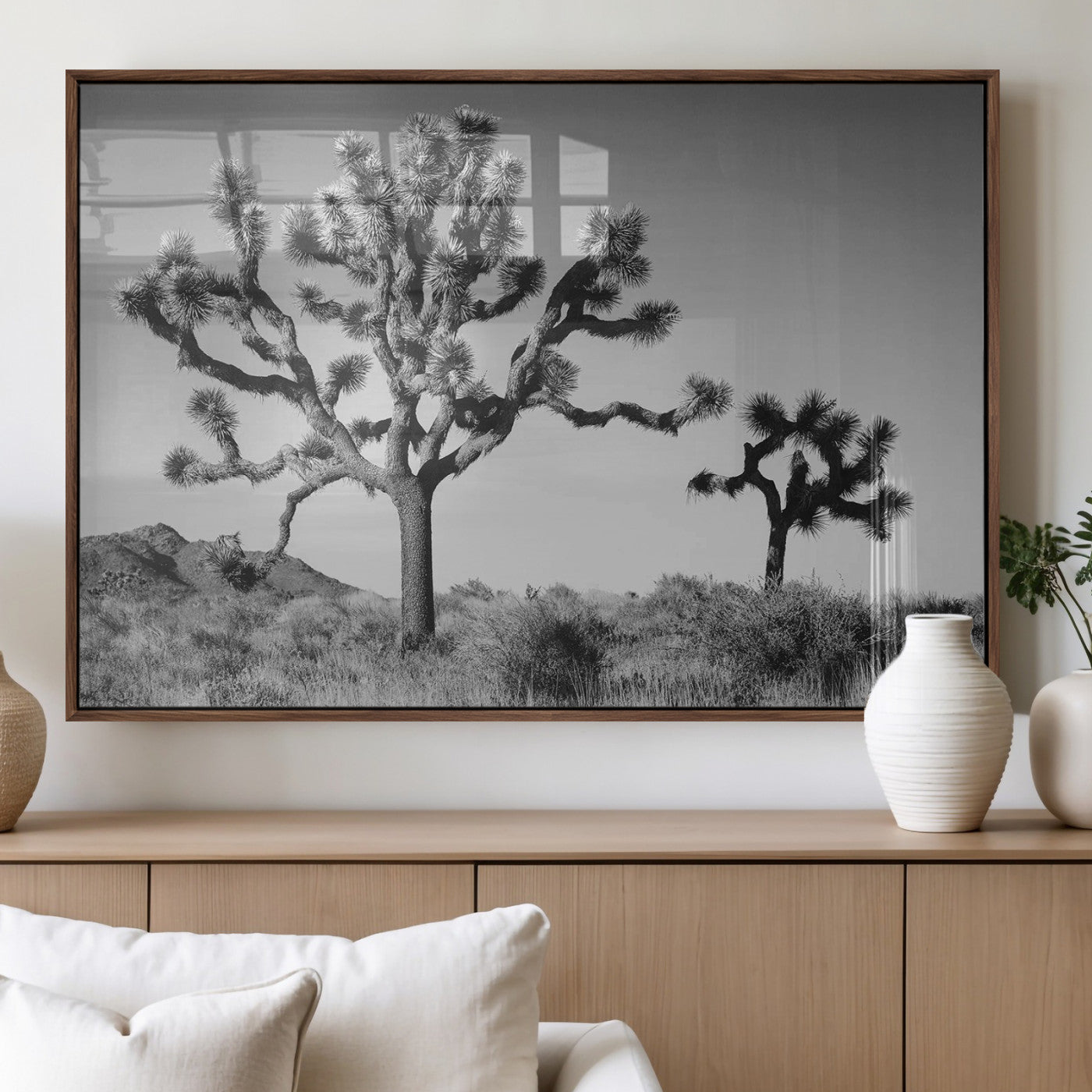93692513-MGV-FP-36X24-3P_Walnut-Joshua Tree Wall Art Canvas Print, Framed Monochrome Desert Art Picture Print, Minimalist Nature Scene Perfect Southwestern