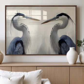 18230556-MGV-FP-36X24-3P_Walnut-Blue Heron Pair Wall Art Canvas Print, Framed Coastal Bird Theme Art Picture Print, Tranquil Wildlife Scene Perfect Coastal