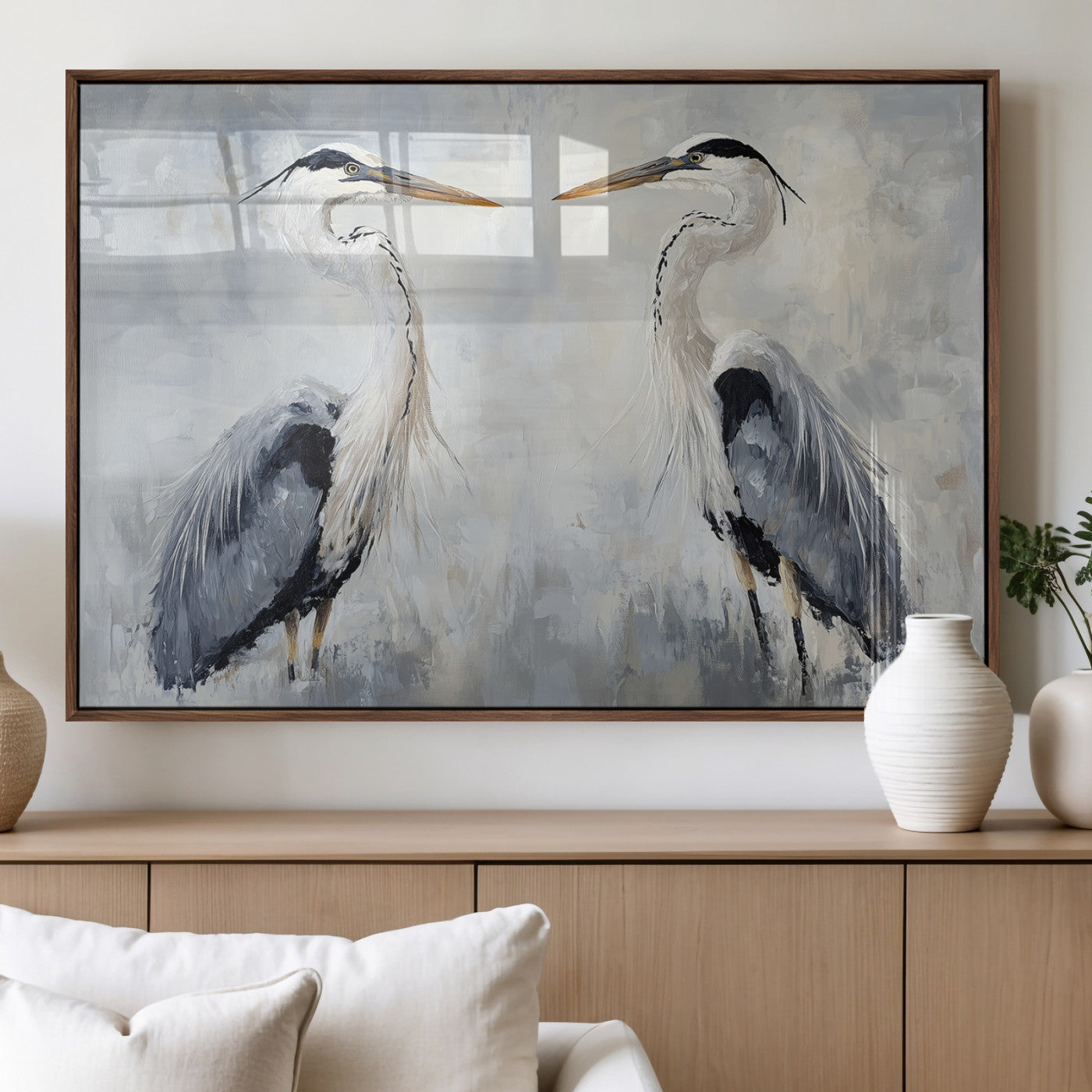 90806932-MGV-FP-36X24-3P_Walnut-Heron Wall Art Wall Art Canvas Print, Framed Bird Canvas Decor Art Picture Print, Nature Inspired Perfect Coastal Minimalist Decor