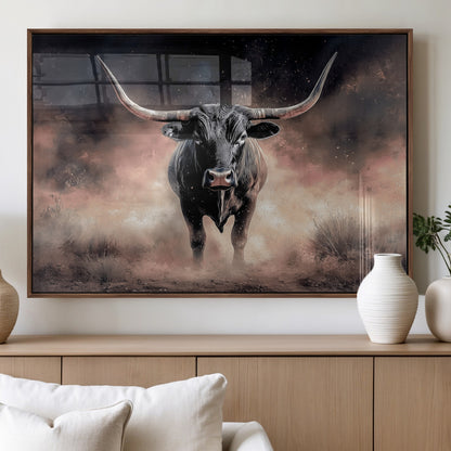 71457818-MGV-FP-36X24-3P_Walnut-Longhorn Wall Art Wall Art Canvas Print, Framed Western Bull Canvas Art Picture Print, Rustic Cow Decor Perfect Western Dramatic