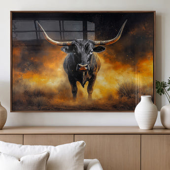 58293979-MGV-FP-36X24-3P_Walnut-Longhorn Canvas Wall Art Canvas Print, Framed Bold Bull Wall Art Art Picture Print, Western Animal Decor Perfect Western Dramatic