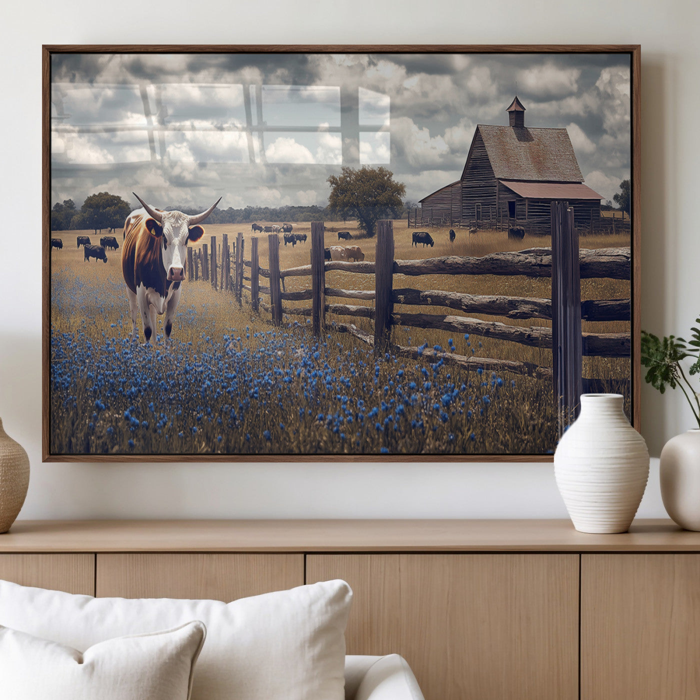 22296025-MGV-FP-36X24-3P_Walnut-Texas Longhorn Canvas Wall Art Canvas Print, Framed Rustic Barn Wall Art Art Picture Print, Farmhouse Cow Decor Perfect Rustic