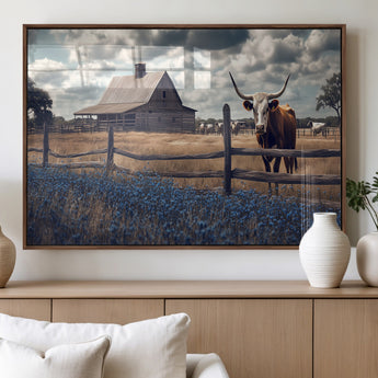 51092814-MGV-FP-36X24-3P_Walnut-Texas Longhorn Wall Art Wall Art Canvas Print, Framed Rustic Barn Canvas Art Picture Print, Farmhouse Cow Decor Perfect Rustic