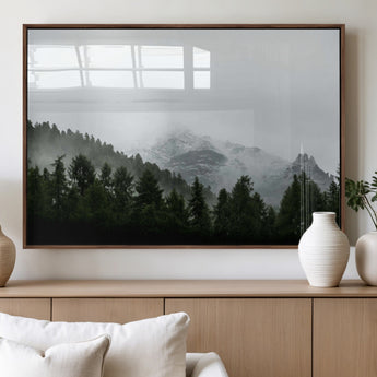 55968349-MGV-FP-36X24-3P_Walnut-Misty Mountains Wall Art Canvas Print, Framed Foggy Forest Art Picture Print, Snowy Peaks Perfect Moody Wilderness Decor Artwork