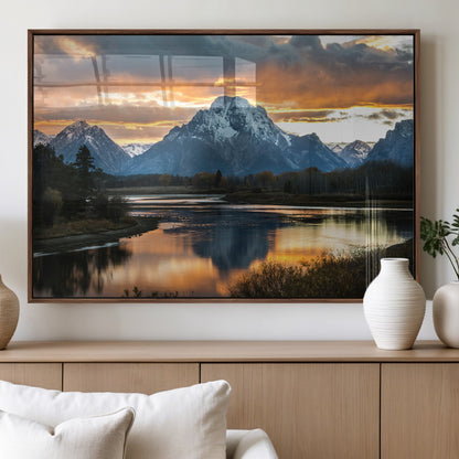 14130176-MGV-FP-36X24-3P_Walnut-Mountain Sunset Wall Art Canvas Print, Framed Alpine Wilderness Art Picture Print, Golden Hour Perfect Rustic Wilderness Decor