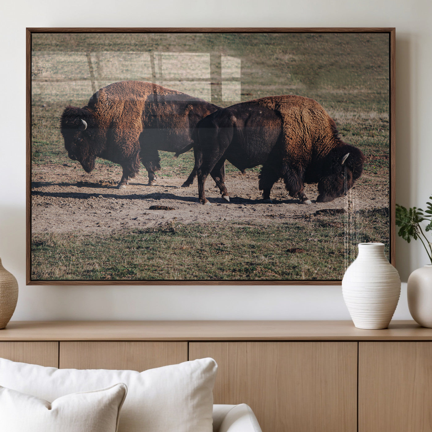 58141885-MGV-FP-36X24-3P_Walnut-Bison Photography Wall Art Canvas Print, Framed Western Wildlife Art Picture Print, Modern Ranch Perfect Western Rustic Decor