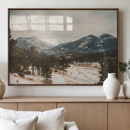 77311749-MGV-FP-36X24-3P_Walnut-Mountain Landscape Wall Art Canvas Print, Framed Snowy Peaks Art Picture Print, Alpine Aesthetic Perfect Rustic Winter Decor