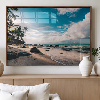 95301406-MGV-FP-36X24-3P_Walnut-Tropical Beach Wall Art Canvas Print, Framed Ocean Waves Art Picture Print, Relazxing Seascape Perfect Tropical Coastal Decor