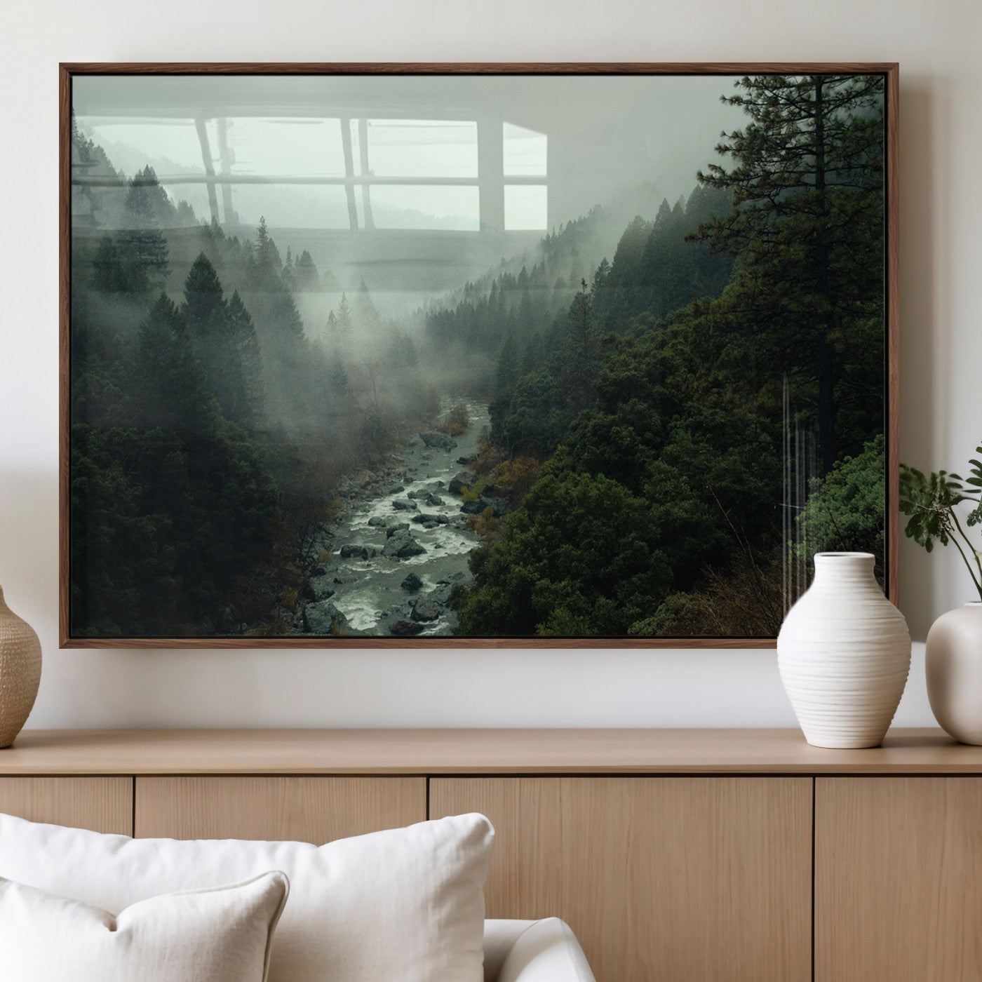 48497565-MGV-FP-36X24-3P_Walnut-Misty Forest Wall Art Canvas Print, Framed Foggy River Art Picture Print, Moody Landscape Perfect Moody Wilderness Decor Artwork