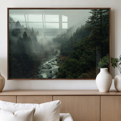 48497565-MGV-FP-36X24-3P_Walnut-Misty Forest Wall Art Canvas Print, Framed Foggy River Art Picture Print, Moody Landscape Perfect Moody Wilderness Decor Artwork