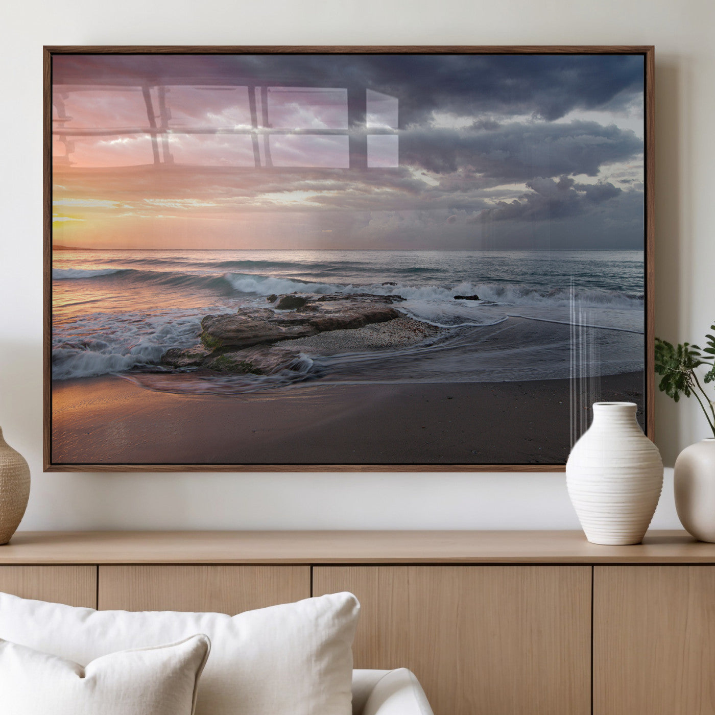 94208089-MGV-FP-36X24-3P_Walnut-Golden Hour Wall Art Canvas Print, Framed Tranquil Waves Art Picture Print, Beach Horizon Perfect Coastal Serenity Decor Artwork