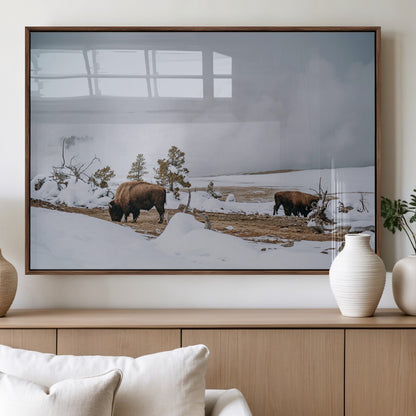60308289-MGV-FP-36X24-3P_Walnut-Bison Wildlife Wall Art Canvas Print, Framed Snowy Prairie Art Picture Print, Western Landscape Perfect Rustic Winter Decor