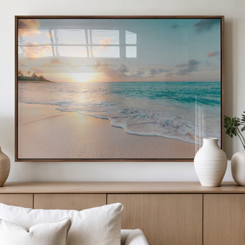 94538225-MGV-FP-36X24-3P_Walnut-Beach Sunset Wall Art Canvas Print, Framed Ocean Waves Art Picture Print, Summer Escape Perfect Coastal Serenity Decor Artwork