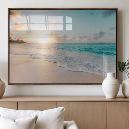 94538225-MGV-FP-36X24-3P_Walnut-Beach Sunset Wall Art Canvas Print, Framed Ocean Waves Art Picture Print, Summer Escape Perfect Coastal Serenity Decor Artwork