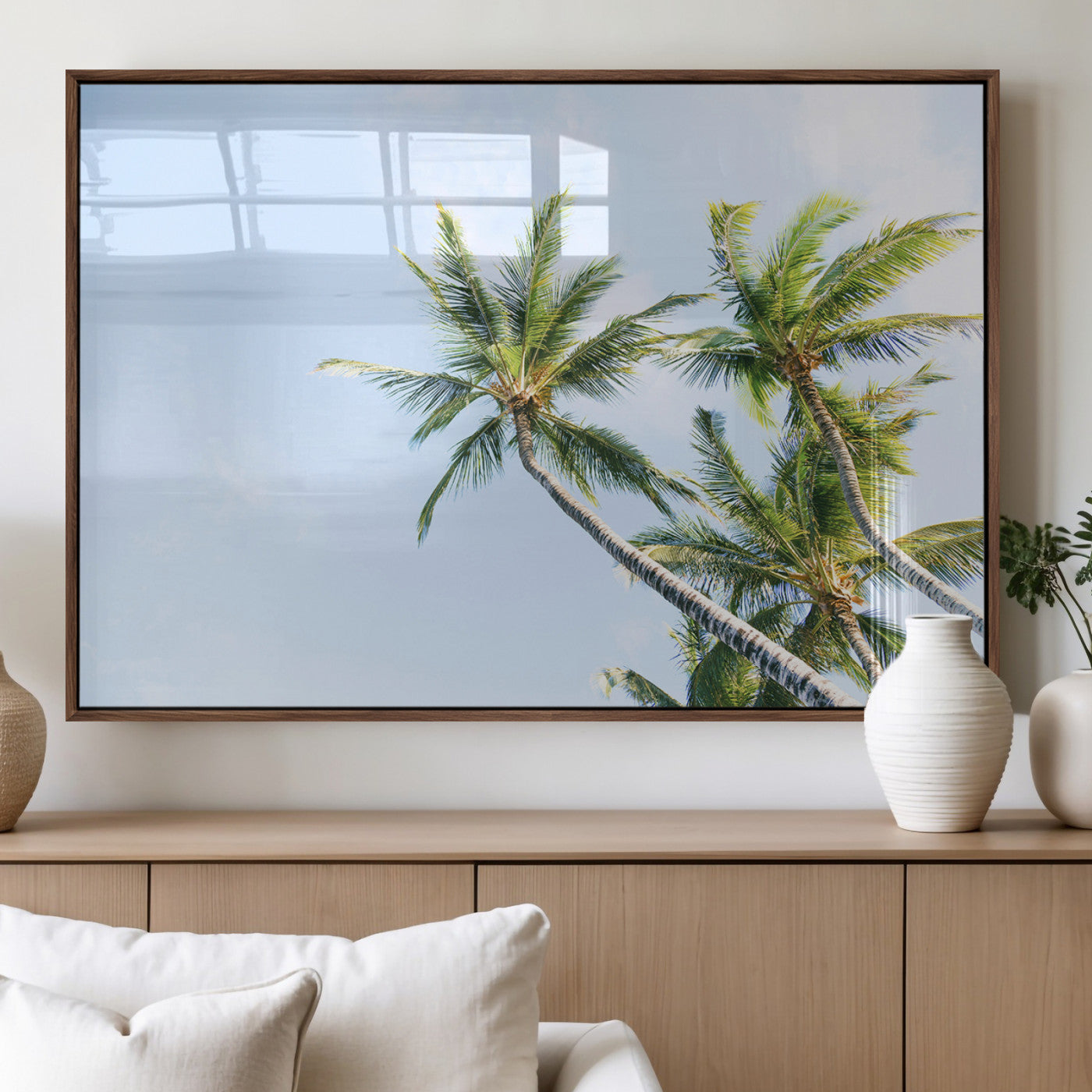 54719115-MGV-FP-36X24-3P_Walnut-Palm Trees Wall Art Canvas Print, Framed Tropical Aesthetic Art Picture Print, Coastal Serenity Perfect Tropical Minimalist Decor