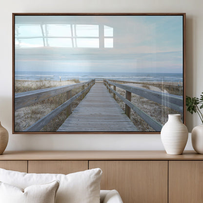 31602988-MGV-FP-36X24-3P_Walnut-Beach Boardwalk Wall Art Canvas Print, Framed Coastal Serenity Art Picture Print, Ocean View Perfect Coastal Minimalist Decor