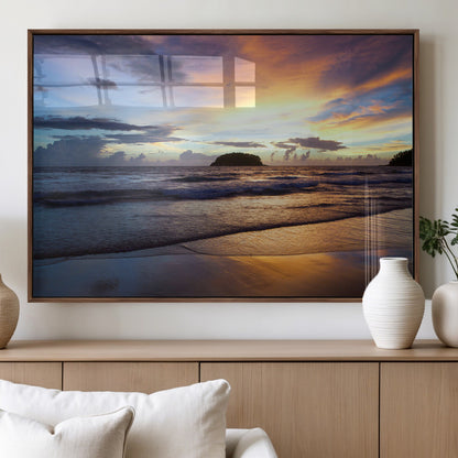 36714356-MGV-FP-36X24-3P_Walnut-Beach Sunset Wall Art Canvas Print, Framed Ocean Waves Art Picture Print, Tropical Seascape Perfect Coastal Serenity Decor Artwork