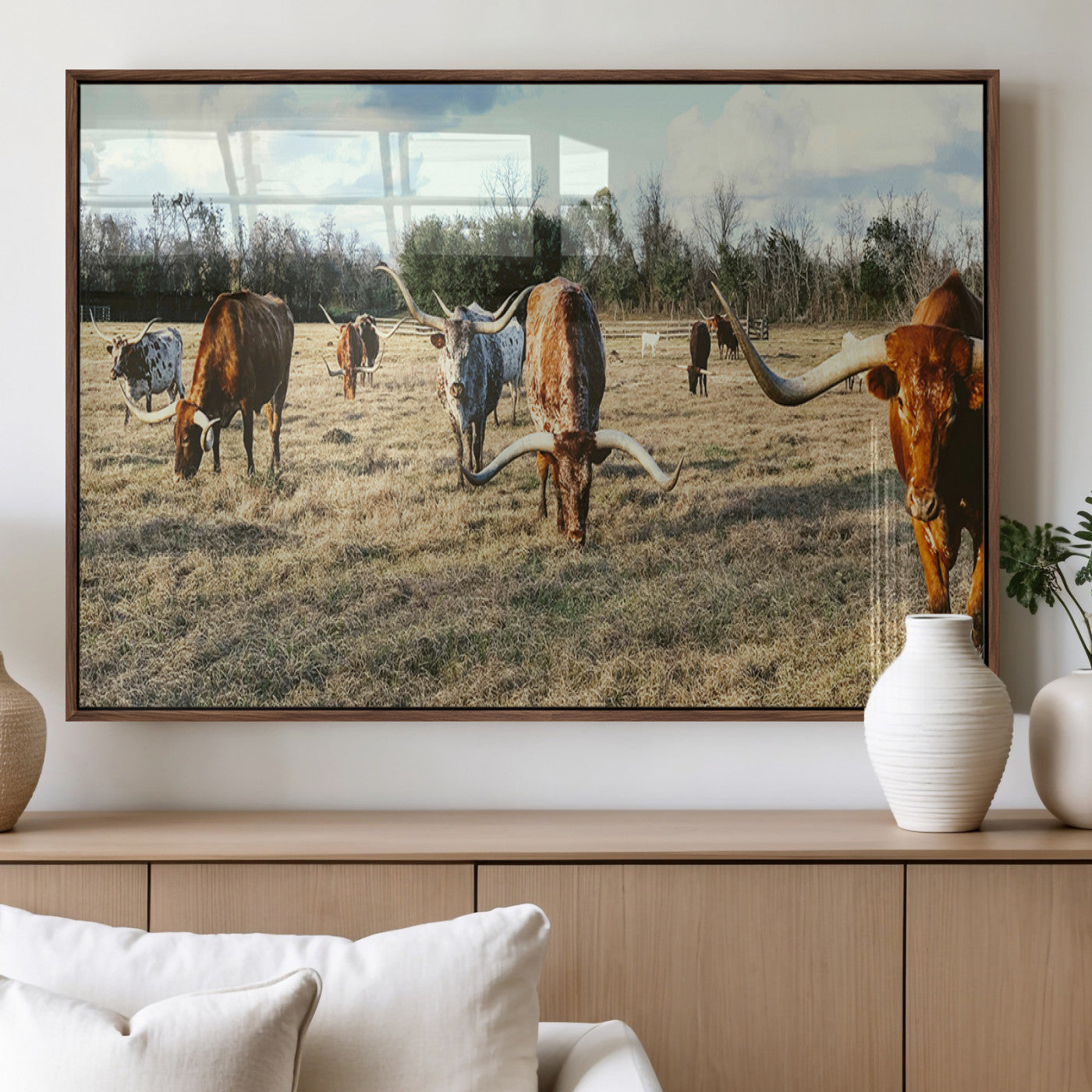 39144651-MGV-FP-36X24-3P_Walnut-Texas Longhorns Wall Art Canvas Print, Framed Rustic Farm Scene Art Picture Print, Western Cattle Perfect Rustic Farmhouse Decor