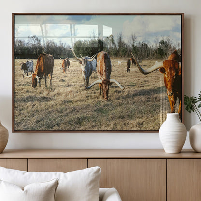 39144651-MGV-FP-36X24-3P_Walnut-Texas Longhorns Wall Art Canvas Print, Framed Rustic Farm Scene Art Picture Print, Western Cattle Perfect Rustic Farmhouse Decor