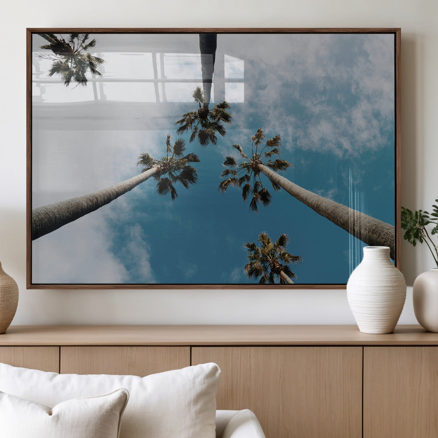 45236398-MGV-FP-36X24-3P_Walnut-Tropical Palm Trees Wall Art Canvas Print, Framed California Sky Art Picture Print, Minimalist Nature Perfect Coastal Minimalist