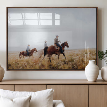 94723307-MGV-FP-36X24-3P_Walnut-Western Cowboys Wall Art Canvas Print, Framed Rustic Prairie Art Picture Print, Horseback Riding Perfect Rustic Western Decor