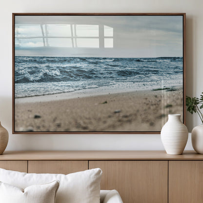 81812590-MGV-FP-36X24-3P_Walnut-Ocean Wall Art Wall Art Canvas Print, Framed Coastal Canvas Art Picture Print, Moody Seascape Perfect Coastal Minimalist Decor