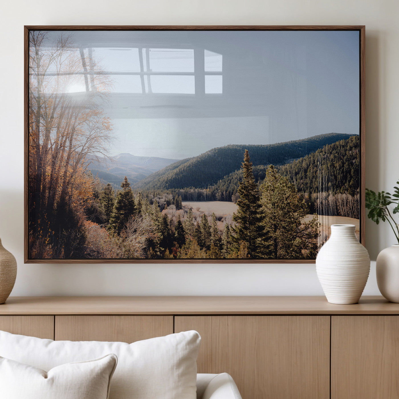 52941305-MGV-FP-36X24-3P_Walnut-Rustic Landscape Wall Art Canvas Print, Framed Serene Valley Art Picture Print, Pine Tree Horizon Perfect Rustic Cabin Decor