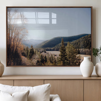 52941305-MGV-FP-36X24-3P_Walnut-Rustic Landscape Wall Art Canvas Print, Framed Serene Valley Art Picture Print, Pine Tree Horizon Perfect Rustic Cabin Decor